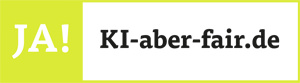 KI-aber-fair.de Logo mit einem grünen "Ja!" davor. Verlinkt auf ki-aber-fair.de
